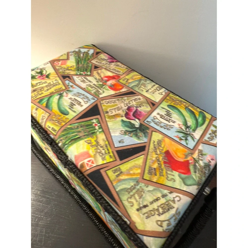 Vintage Sewing Basket Vegetable Seed Packet Print Wicker Handle Organizer